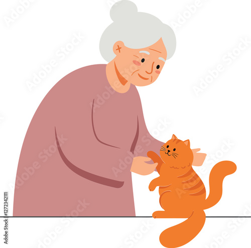 Elderly woman interacting with playful orange cat in flat vector art