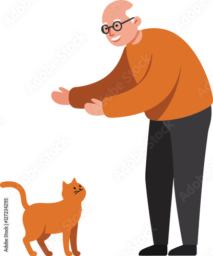 Elderly man reaching out to friendly orange cat in flat vector illustration