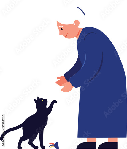 Elderly woman interacting with playful cat in flat minimal vector illustration