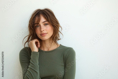 minimalist portrait of a happy young woman in green shirt smiling and thinking on white background
