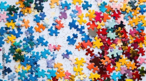 Colorful puzzle pieces scattered, table, work