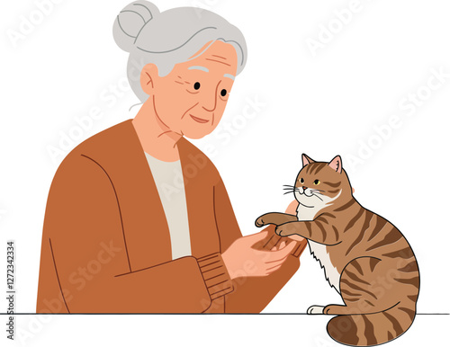 Elderly woman interacting with playful cat in flat vector illustration