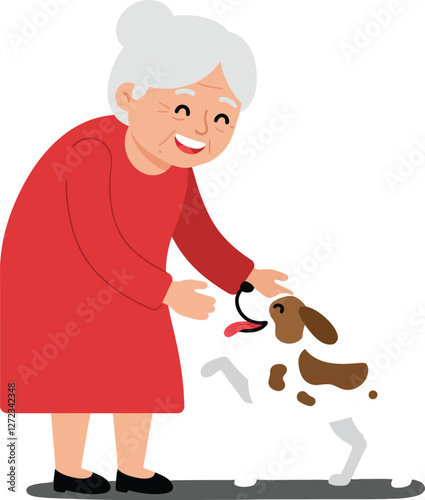 Happy elderly woman interacting with playful dog in flat vector art