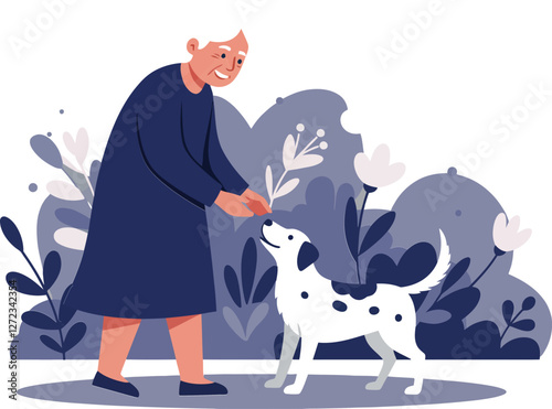 Happy elderly woman feeding playful dog in minimal flat vector illustration