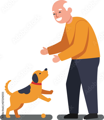 Happy elderly man playing with a cheerful dog in flat vector illustration