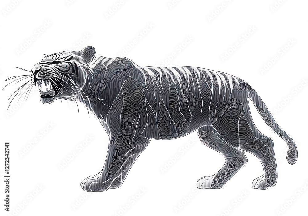 Naklejka premium Minimalist Line Art Roaring Tiger Abstract Wildlife Design