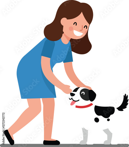 Woman in blue dress happily playing with a dog in flat vector illustration