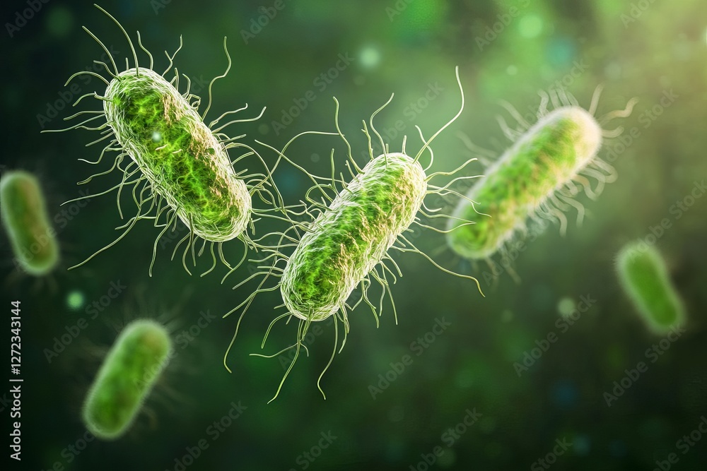 Fototapeta premium Microscopic Green Bacteria Detailed 3D Render High Resolution Medical Illustration Science Microbiology Research Nature Backgrounds Detailed Anatomy 
