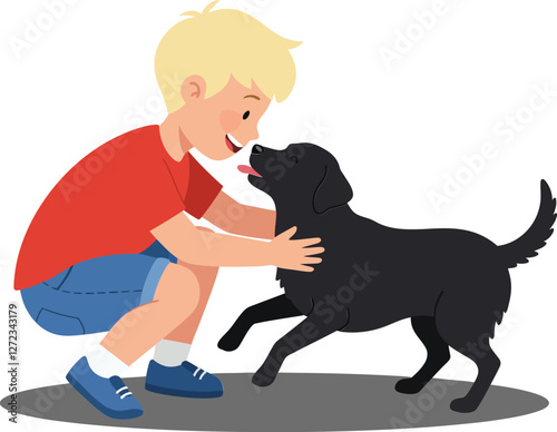 Boy joyfully interacting with black dog in flat vector art style