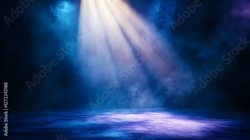 Dramatic theater spotlight piercing through hazy darkness, creating ethereal light beams across empty stage, deep blues and purples with golden light shaft. Ethereal Light Beams. Illustration photo