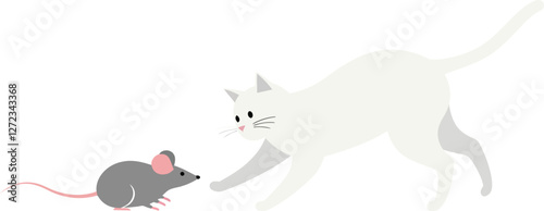 Cat and mouse interaction in playful chase flat vector art