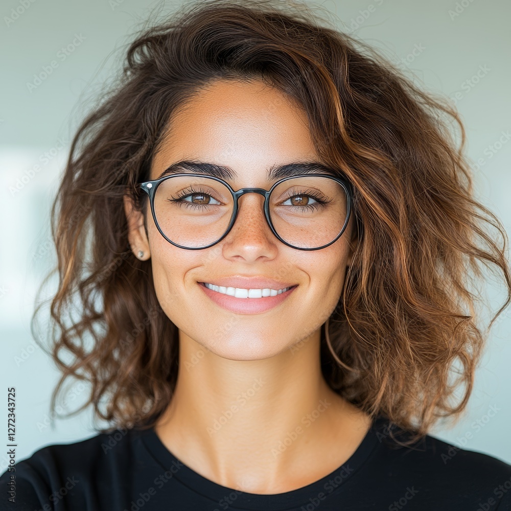 Obraz premium Portrait of a young woman with curly brown hair and glasses, smiling warmly. Her radiant smile and friendly expression create a cheerful atmosphere.