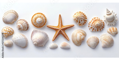 Panoramic view of seashells and starfish on white background