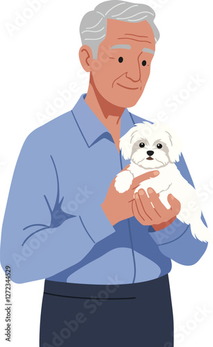 Elderly man holding a small puppy in a flat vector illustration