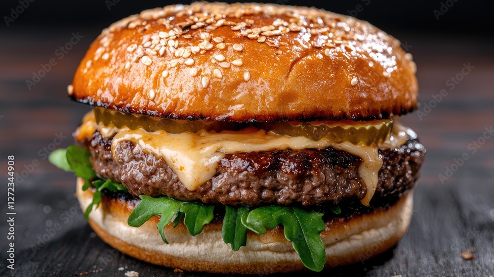 Delicious Gourmet Cheeseburger on Dark Wooden Board Delicious Gourmet Cheeseburger on Dark Wooden Board