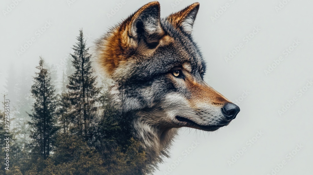 Fototapeta premium Majestic Wolf in Misty Forest: A Double Exposure Masterpiece