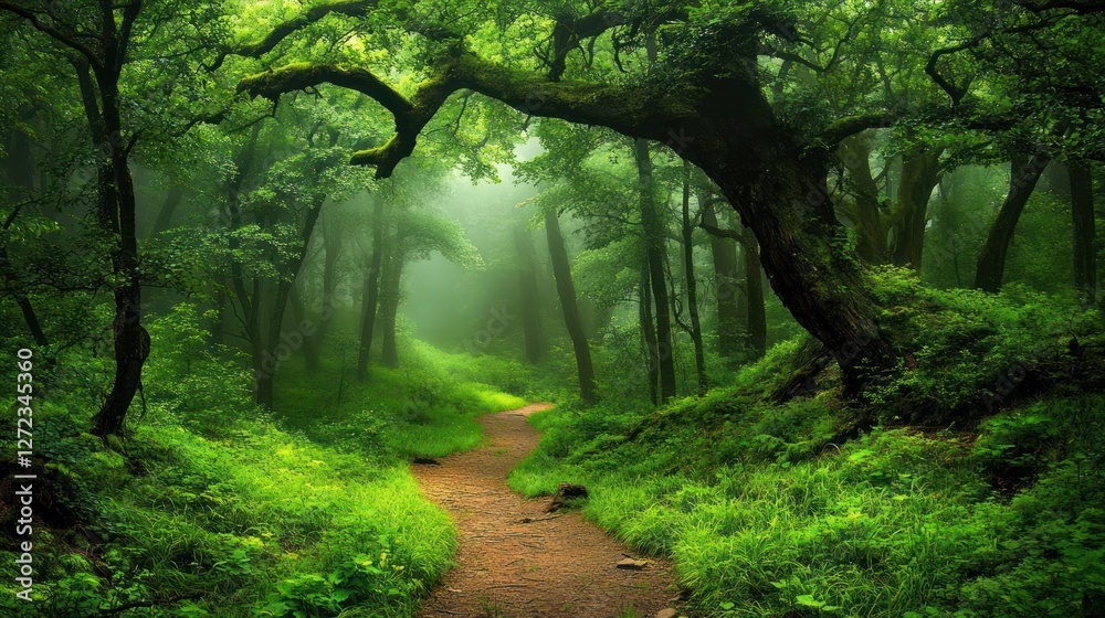 Obraz premium Misty Forest Path Winding Through Lush Green Trees