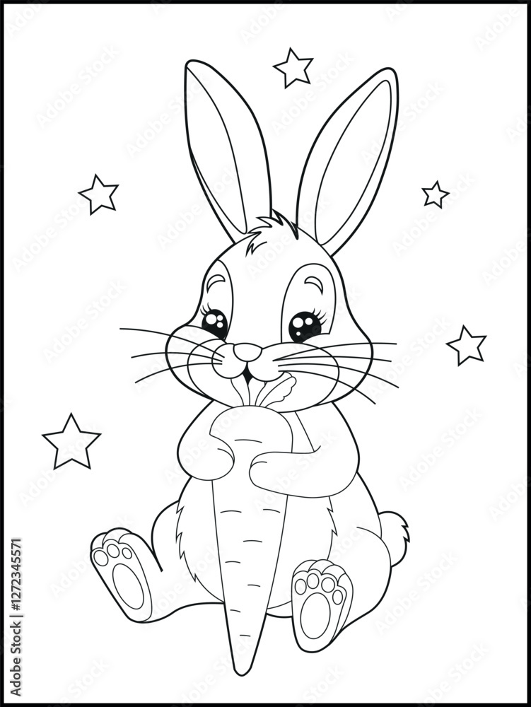 Fototapeta premium Illustration of a cute bunny cartoon character eating a big carrot. Black and white Printable rabbit coloring page for kids. 