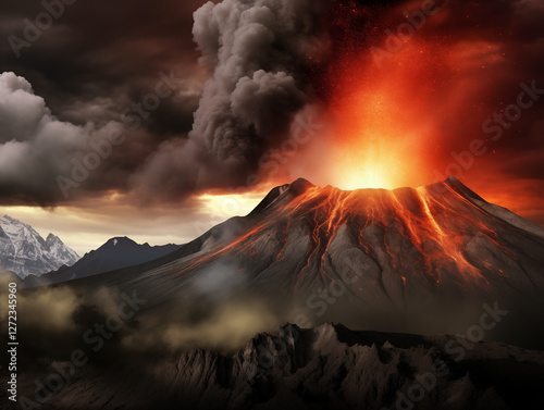 The raw power of nature on display, as molten lava erupts forcefully from the volcano’s crater, lighting up the dark sky with intense fiery colors and dramatic ash clouds. photo