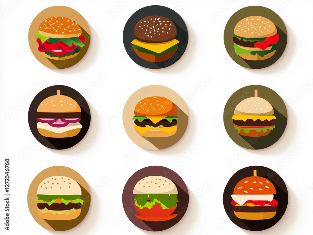 Naklejka premium Icônes de burgers en flat design sur fond blanc