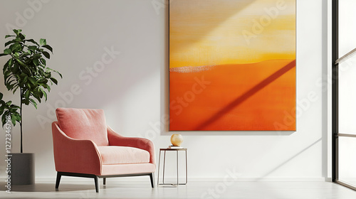 Minimalist living room with pink armchair and abstract orange wall art
