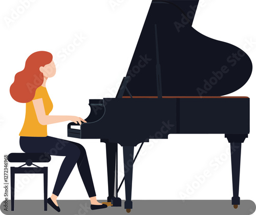 Woman playing a grand piano in a flat and minimal vector illustration