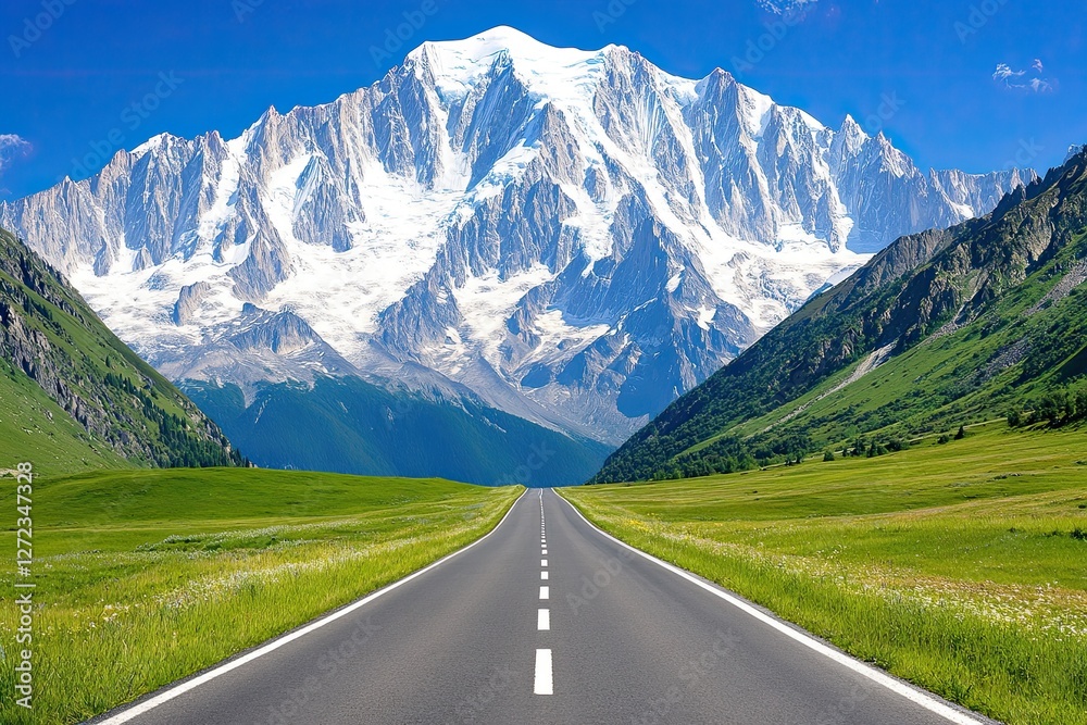 Road leading to a snow capped mountain range Road leading to a snow capped mountain range