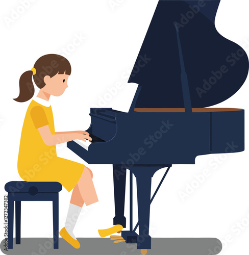 Girl playing piano in bright yellow dress, minimal flat design vector art