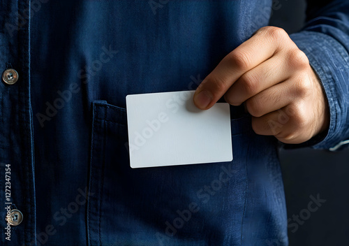 A crisp, white card emerges from the indigo depths of a denim pocket, held gently by a hand, offering a subtle promise of connection or opportunity