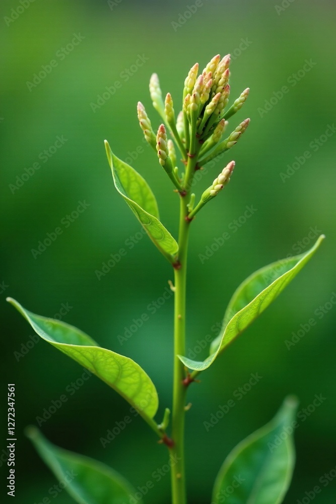 Detail of thin stems and small leaves on a wiry plant, flower, plant details, green Detail of thin stems and small leaves on a wiry plant, flower, plant details, green