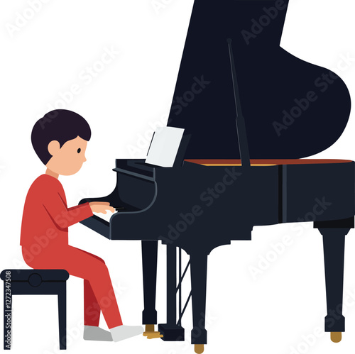 Child playing grand piano in minimal flat design vector art