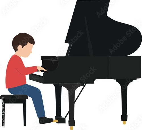 Boy playing grand piano in flat minimal style vector art