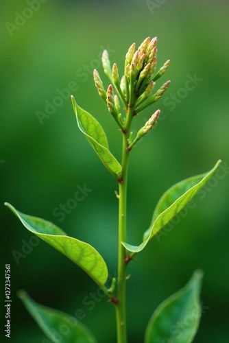 Detail of thin stems and small leaves on a wiry plant, flower, plant details, green