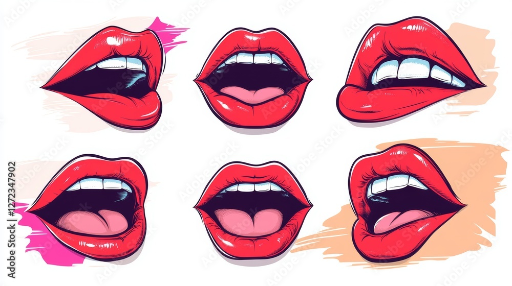 Six illustrations of women's red lips in various expressions.  Bold colors and graphic style.