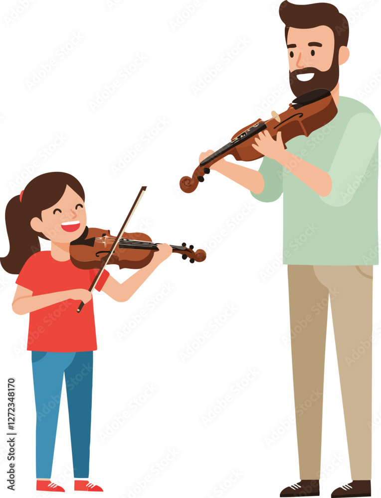 Father and daughter playing violins in flat and colorful vector art Father and daughter playing violins in flat and colorful vector art