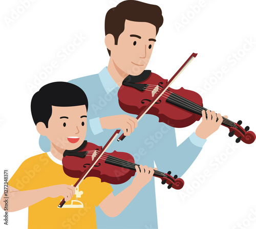 Father and son playing violins together in flat vector illustration