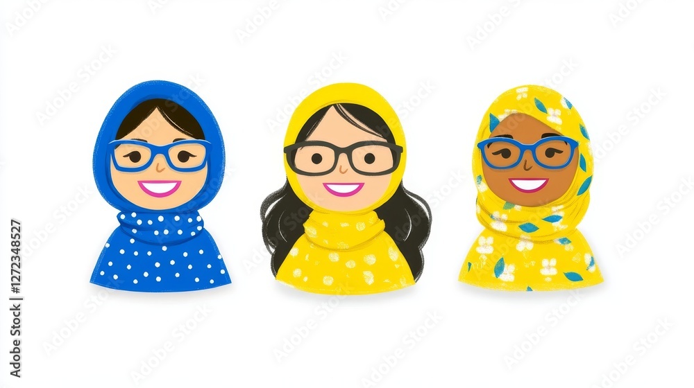 Three Diverse Women Wearing Headscarves and Glasses Three Diverse Women Wearing Headscarves and Glasses
