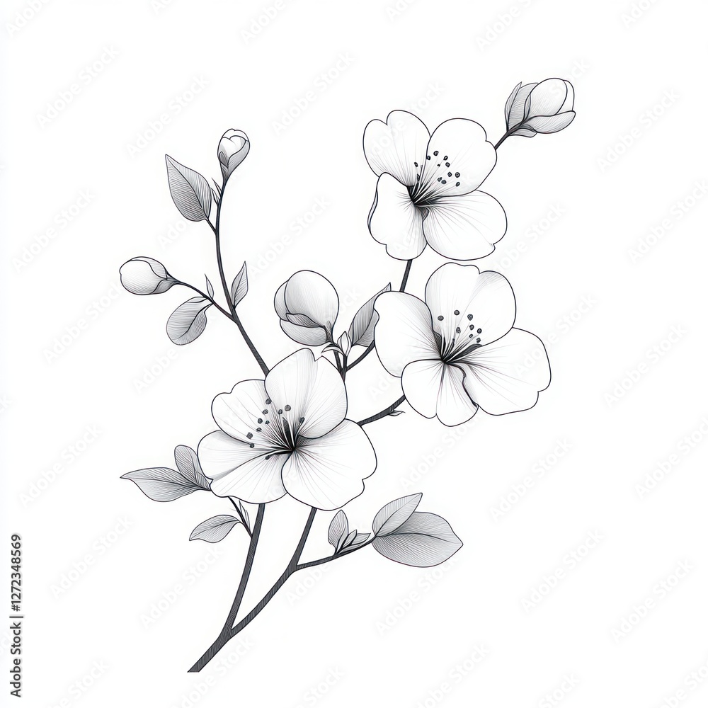 Cherry Blossom Branch Line Art Drawing Blooming Sakura Flower Illustration Cherry Blossom Branch Line Art Drawing Blooming Sakura Flower Illustration