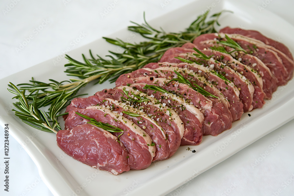 Sliced raw meat seasoned with salt pepper and rosemary sprigs arranged on a white serving platter. Sliced raw meat seasoned with salt pepper and rosemary sprigs arranged on a white serving platter.