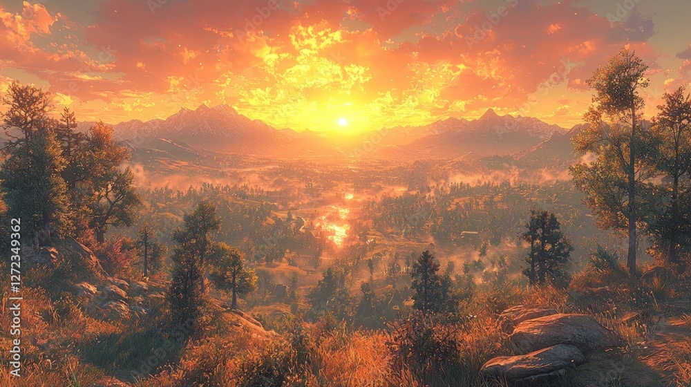 Naklejka premium Majestic Mountain Valley Sunset Golden Hour Landscape