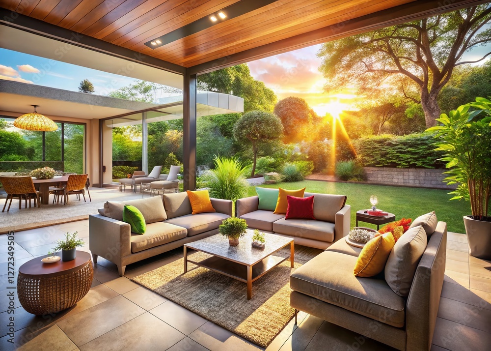 Fototapeta premium Luxurious Outdoor Patio with Sliding Glass Doors & Privacy, Modern Landscape Design, Comfortable Furniture