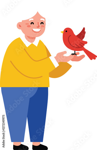 Happy elderly man holding a vibrant red bird in a flat vector illustration