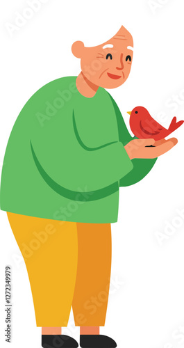 Elderly man holding a small bird in flat vector art style