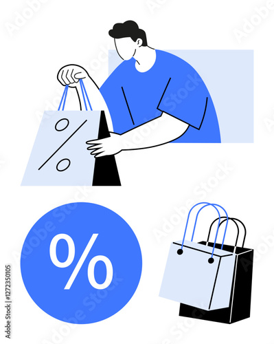 Man holding shopping bags with discount symbol, large percent sign, and additional bags representation. Ideal for sales, discounts, promotions, shopping, consumers retail commerce. Conceptual
