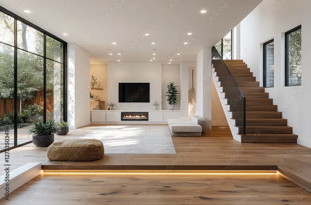 Fototapeta premium Bright Airy Minimalist Living Room with Natural Light and Elegant Wooden Flooring