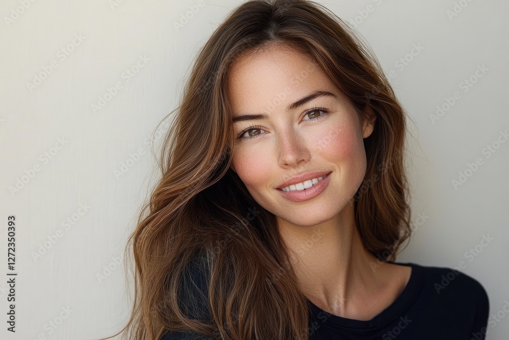 Beautiful portrait of young woman with long wavy brown hair smiling in natural light isolated on neutral background Beautiful portrait of young woman with long wavy brown hair smiling in natural light isolated on neutral background