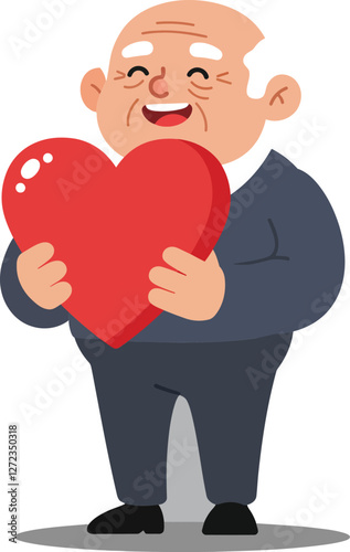 Happy elderly man holding a red heart in a flat vector illustration