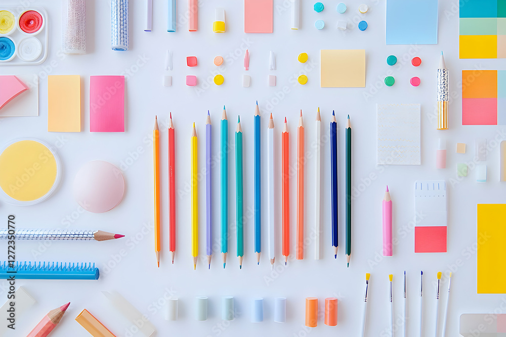 Obraz premium Artistic array, A meticulously arranged collection of colorful stationery and art supplies on a clean white background showcases creativity and inspiration