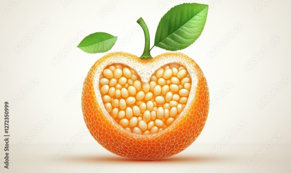 A heart-shaped orange fruit with seeds, featuring a vibrant color and green leaves, set against a soft background A heart-shaped orange fruit with seeds, featuring a vibrant color and green leaves, set against a soft background