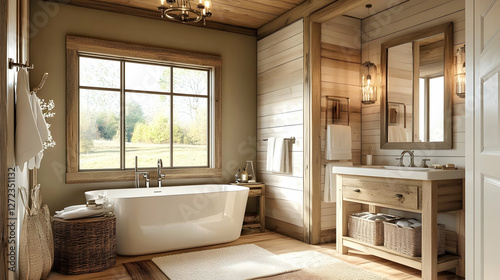 Modern farmhouse bathroom with wood accents and neutral tones